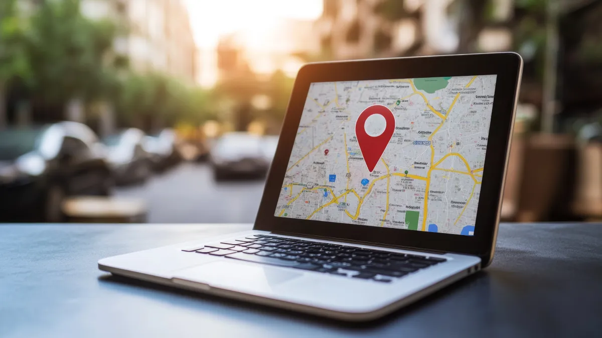Laptop z Mapami Google i czerwoną pinezką lokalizacji – klucz do optymalizacji Profilu Firmy w Google dla kancelarii.
