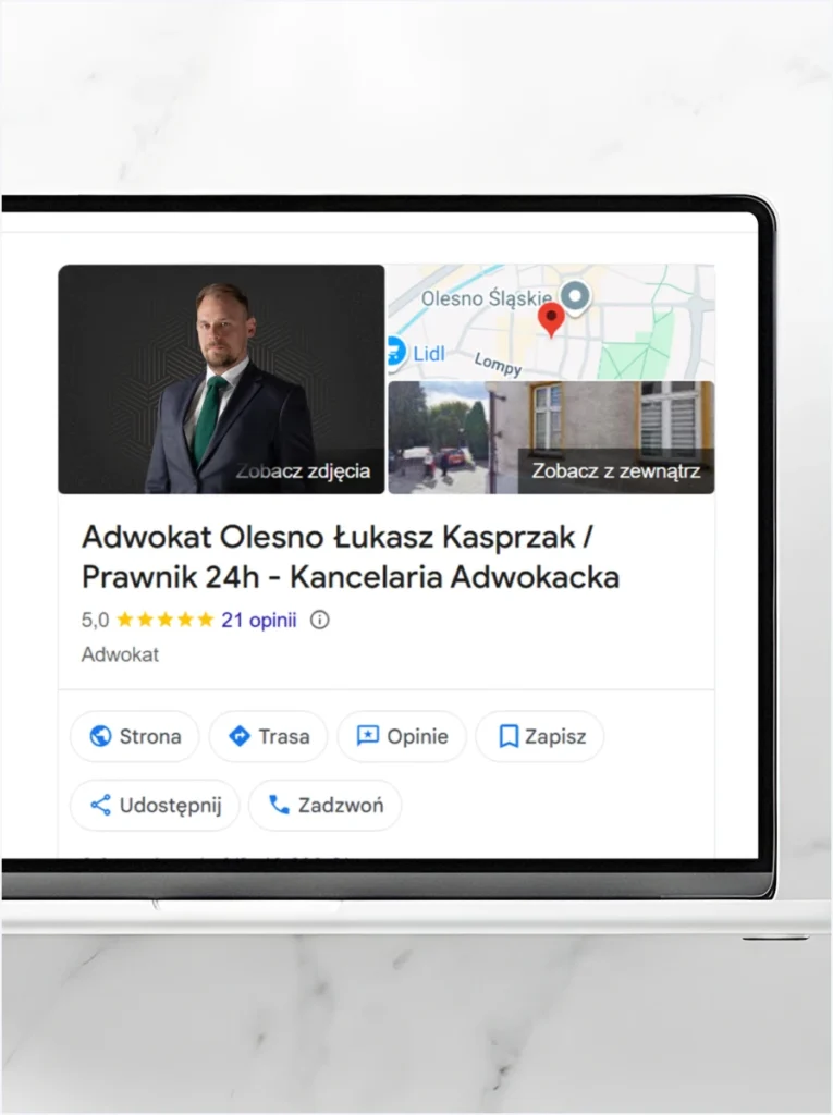 Profil Firmy w Google adwokata Łukasza Kasprzaka w Oleśnie wyświetlony na laptopie