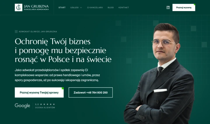 Projekt strony internetowej adwokata Jana Grubizny specjalizującego się w obsłudze firm