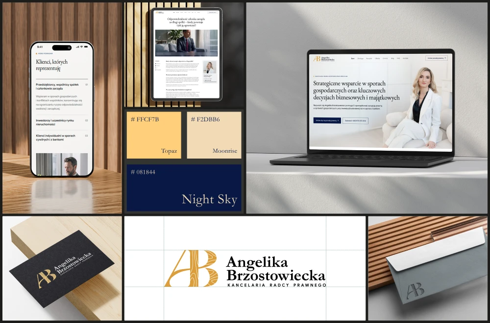 Brandboard kancelarii Angeliki Brzostowieckiej z logo, stroną internetową i paletą kolorów