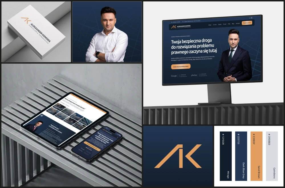 Brandboard kancelarii adwokackiej Aleksandra Komody z logo, stroną internetową i paletą kolorów