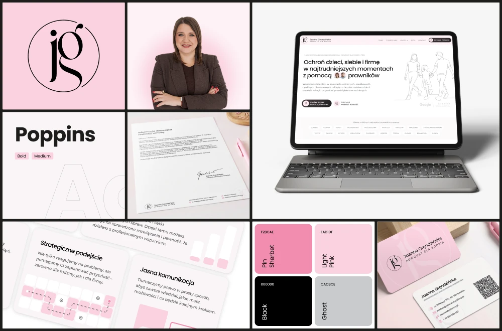 Różowy brandboard kancelarii adwokat Joanny Grędzińskiej z logo i stroną internetową