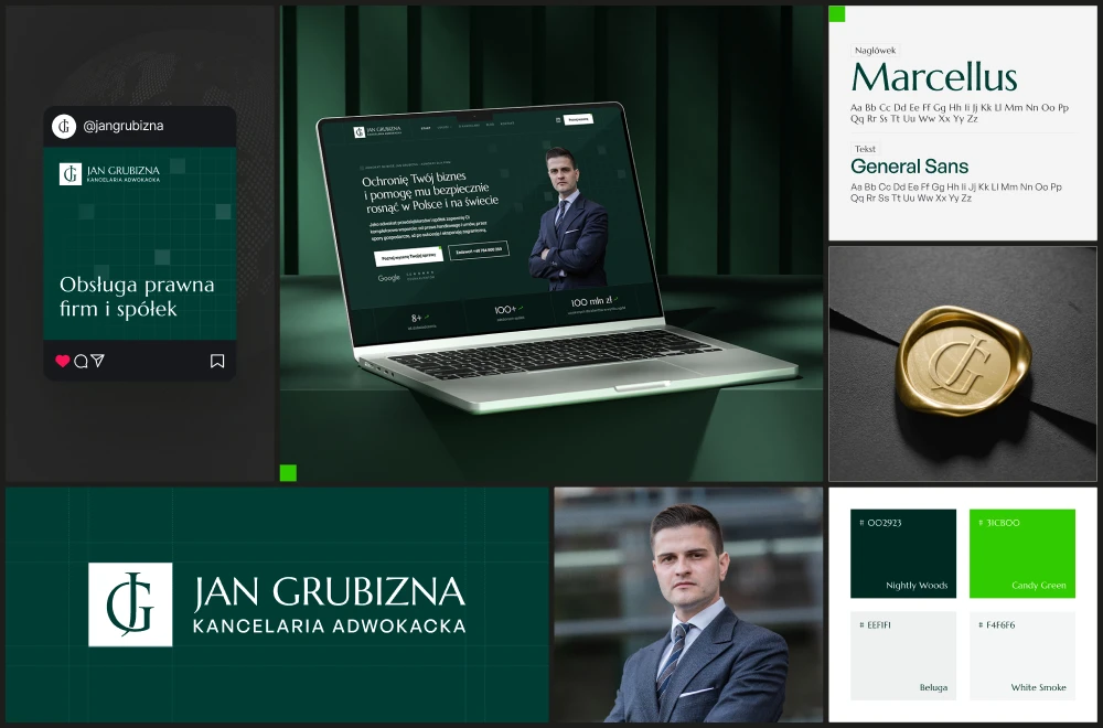 Brandboard kancelarii adwokackiej Jana Grubizny z logo, kolorami, typografią i projektem strony