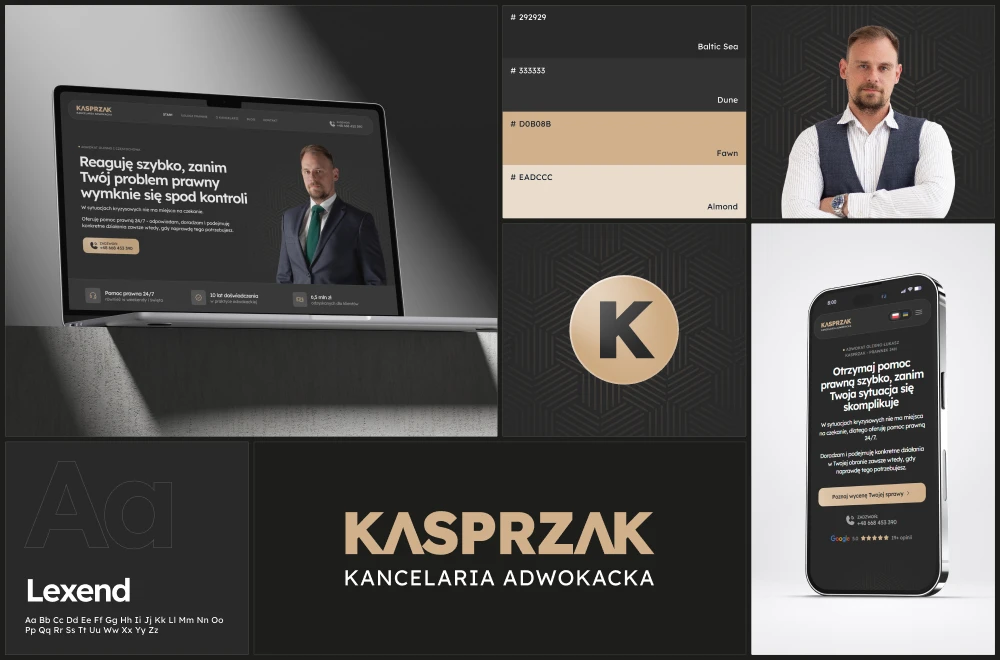 Brandboard kancelarii adwokackiej Łukasza Kasprzaka z logo, stroną internetową i kolorystyką