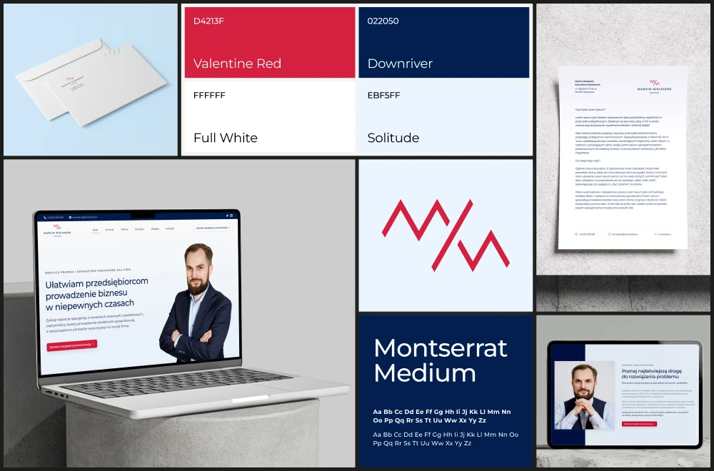 Brandboard kancelarii adwokata Marcina Misiaszka z logo, stroną internetową i materiałami firmowymi