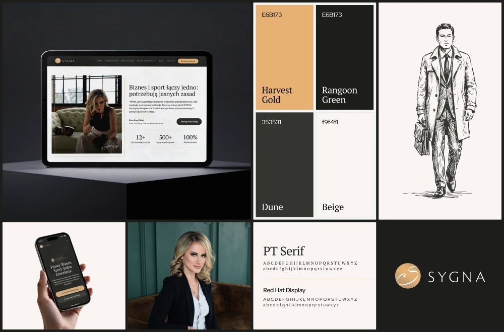 Brandboard kancelarii SYGNA z logo, stroną internetową, kolorami i typografią