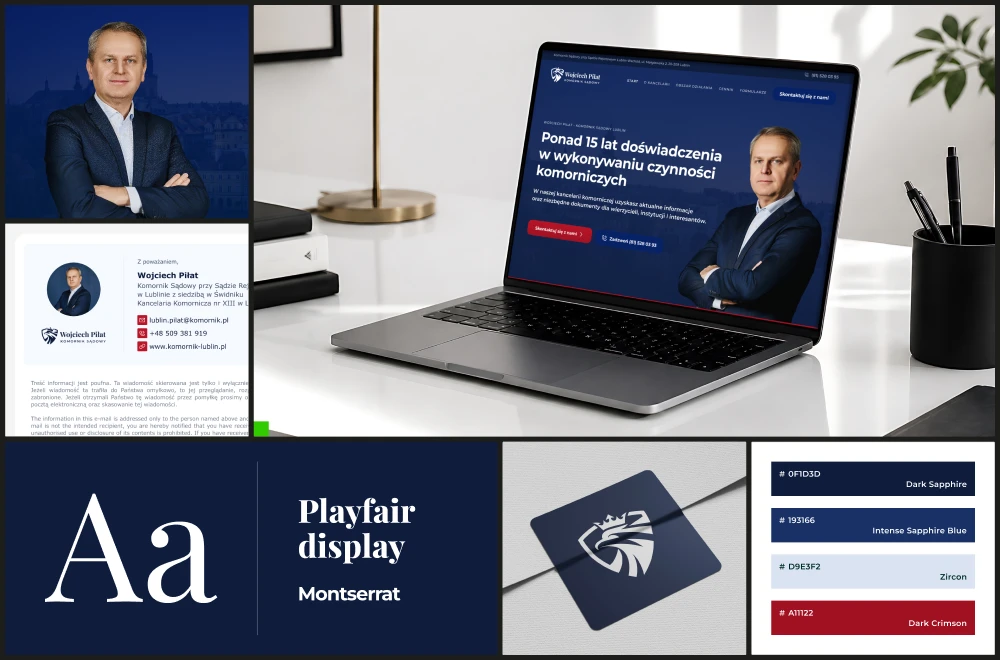 Brandboard komornika sądowego Wojciecha Piłata z logo, stroną internetową i kolorystyką