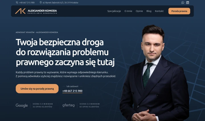 Projekt strony internetowej kancelarii adwokackiej Aleksandra Komody w Krakowie