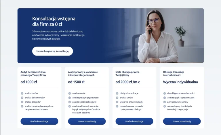 Projekt strony internetowej adwokat Barbary Urbaniak z pakietami obsługi prawnej firm