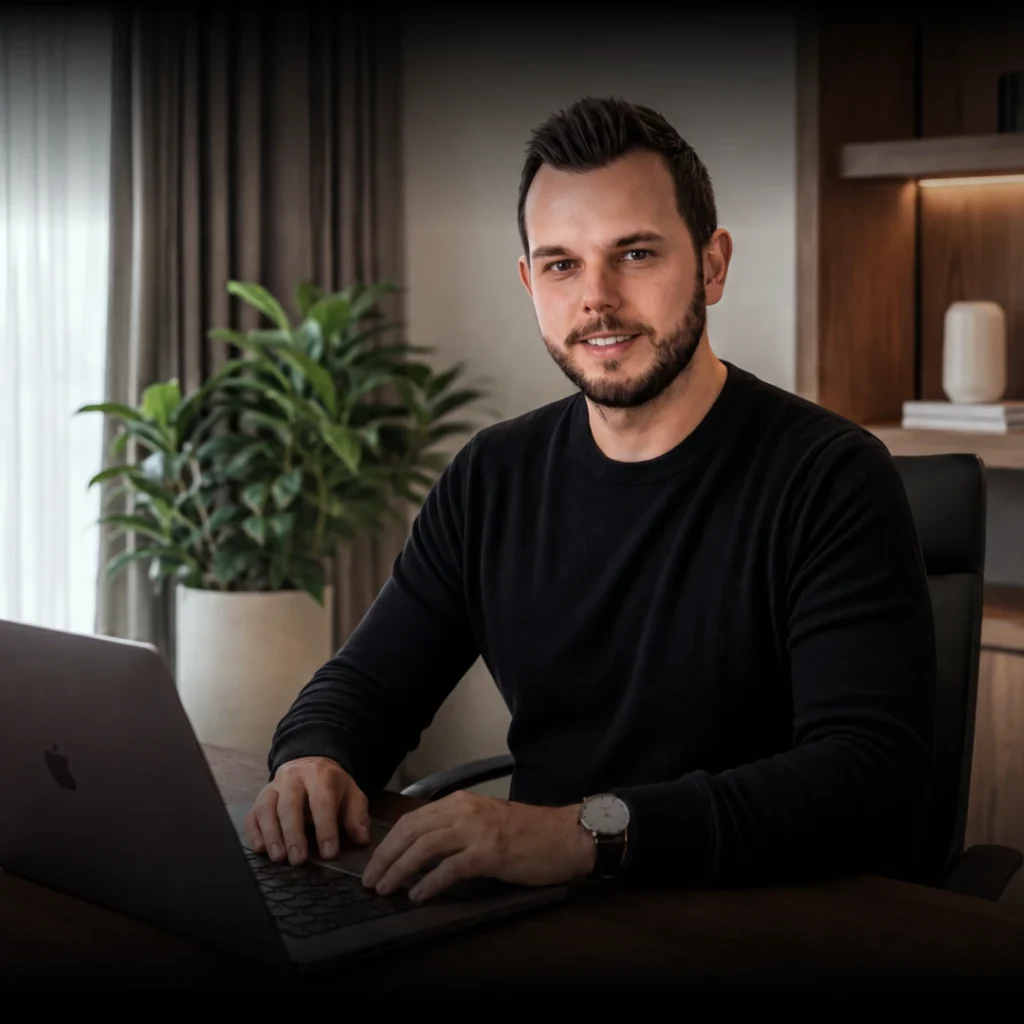Dawid Krajewski, CEO TOP Lawyer, przy laptopie w biurze