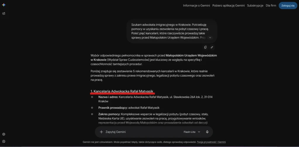 Kancelaria Adwokacka Rafał Matyasik w rekomendacji Gemini dla adwokata imigracyjnego w Krakowie