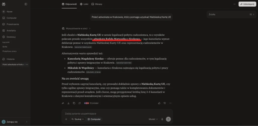Odpowiedź Perplexity rekomendująca Kancelarię Adwokacką Rafała Matyasika w sprawach dotyczących Niebieskiej Karty UE